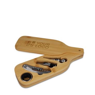 Gadget per vino in bambù a forma di bottiglia per aziende con utensili Gadget per vino in bambù a forma di bottiglia per aziende con utensili