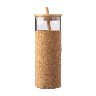 Bicchiere 450ml in vetro custodia in sughero tappo e cannuccia in bambù