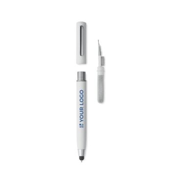 Penna touch screen con inchiostro blu e kit per pulire auricolari vista area di stampa