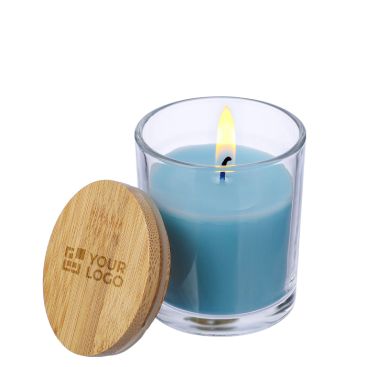 Candela alla vaniglia in barattolo di vetro con coperchio in bambù
