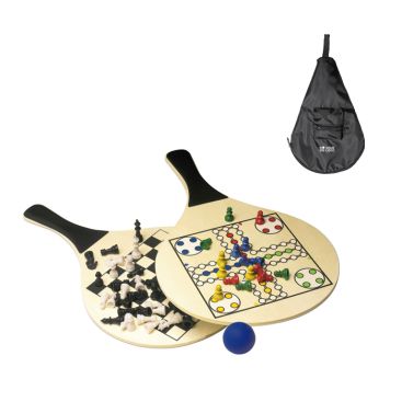 Set di 2 racchette in legno e pallina con giochi stampati sulle pale
