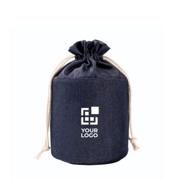 Beauty case cilindrico in tessuto jeans con chiusura a cordino