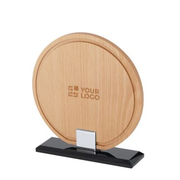 Targa trofeo rotonda in legno con base in vetro nero