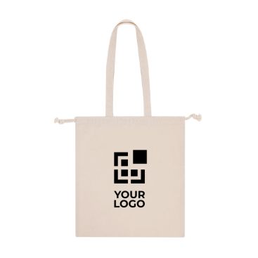 Borsa in cotone con cordini e manici lunghi rinforzati 180 g/m²