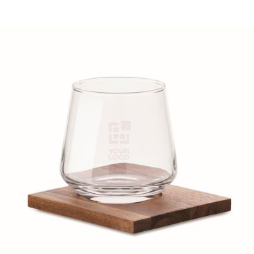 Bicchiere in vetro per whisky con sottobicchiere in legno di acacia