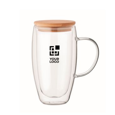 Tazza lunga in vetro con manico trasparente e coperchio in legno 450ml