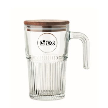 Tazza grande in vetro rigato con coperchio in legno e manico 450ml