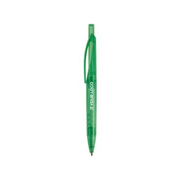 Penna di plastica riciclate da bottiglie in PET con inchiostro blu color trasparente terza vista