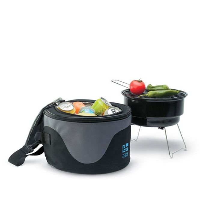 Borsa frigo con barbecue al suo interno vista area di stampa