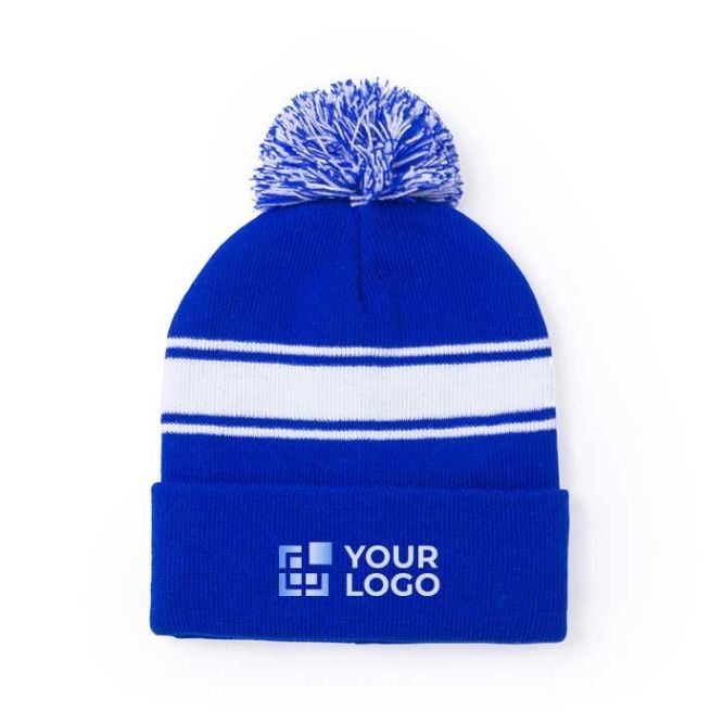 Zuccotti personalizzabili con logo dotati di pompon colore blu reale