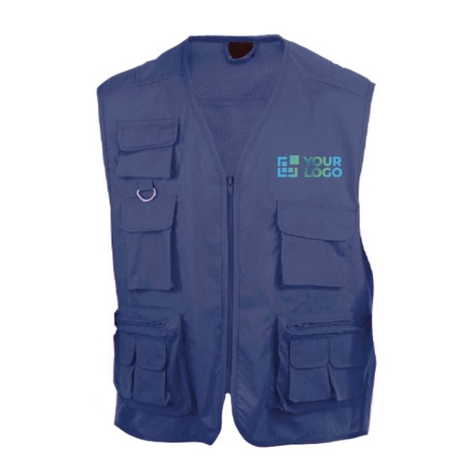 Gilet promozionali con molte tasche vista area di stampa
