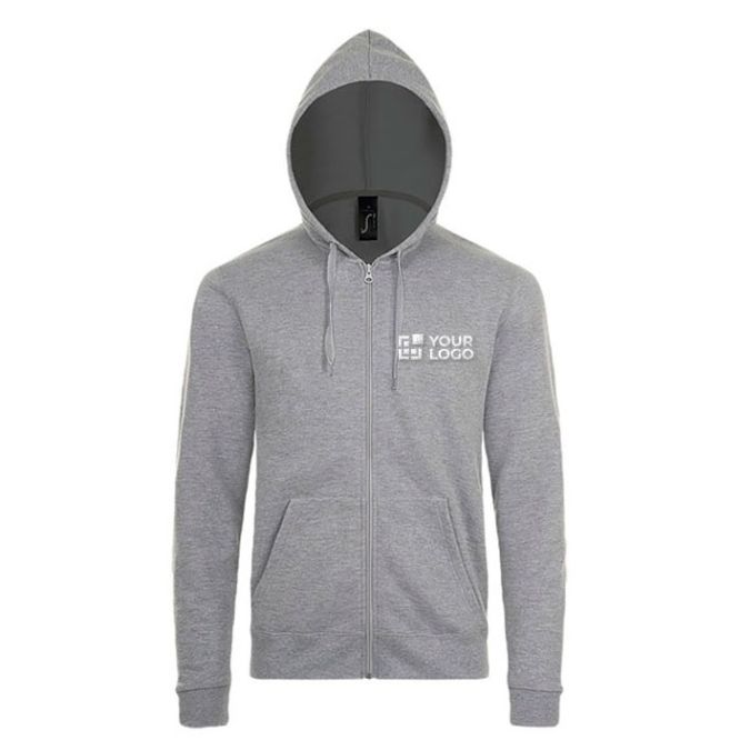 Felpe promozionali con zip e cappuccio vista area di stampa