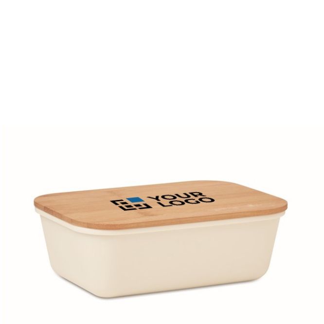 Lunch box promozionali con coperchio in bambú vista area di stampa