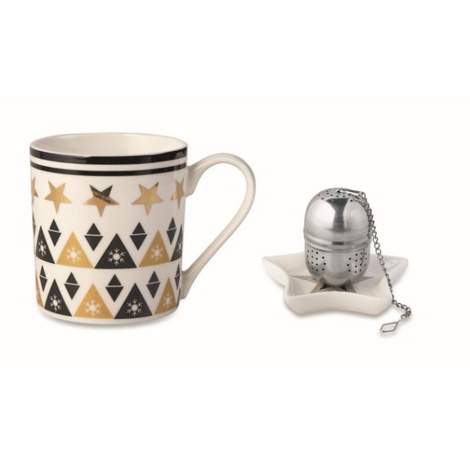 Tazza di ceramica decorata con piattino color legno