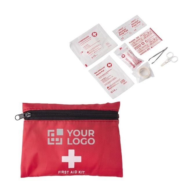 Piccolo kit di pronto soccorso con logo color rosso prima vista