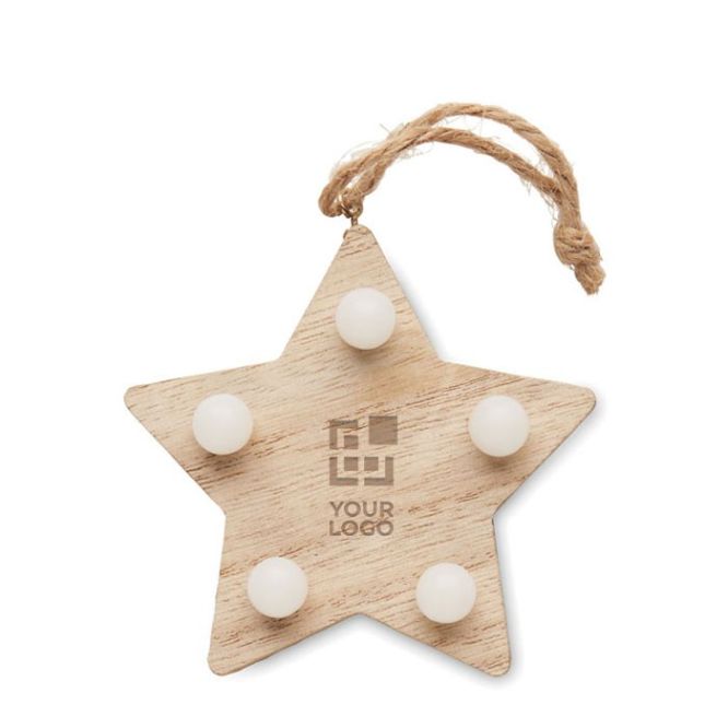 Decorazione in legno a forma di stella con luci a LED vista area di stampa