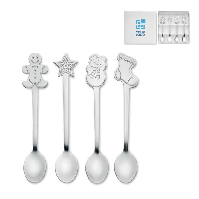 Set di 4 cucchiaini in acciaio inox con decorazione natalizia vista area di stampa