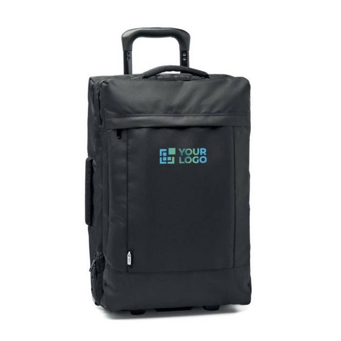 Trolley a due ruote con base rigida realizzato in poliestere 600D RPET vista area di stampa