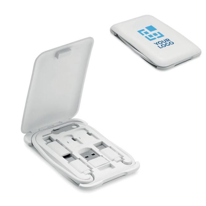 Set di cavetti multifunzionali in scatola con supporto per smartphone vista area di stampa