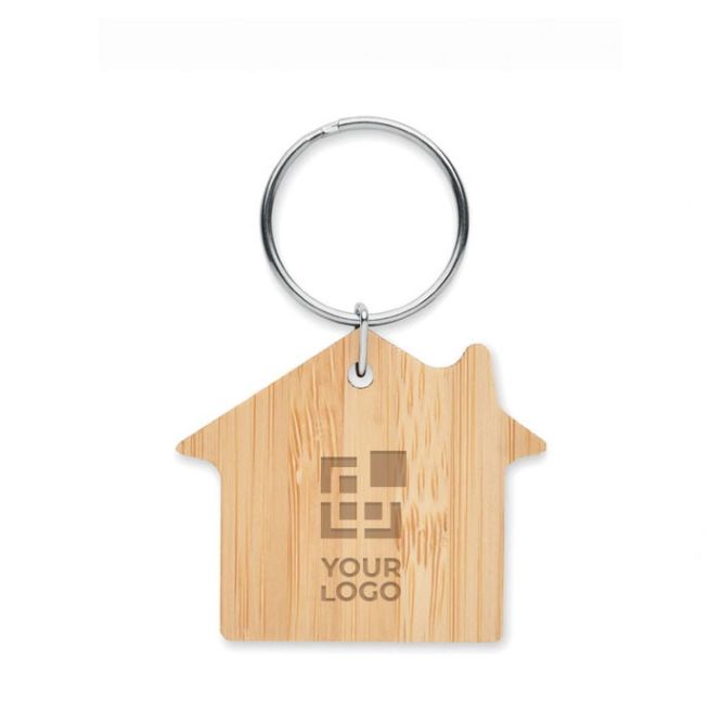 Portachiavi promozionali in bambù a forma di casa vista area di stampa