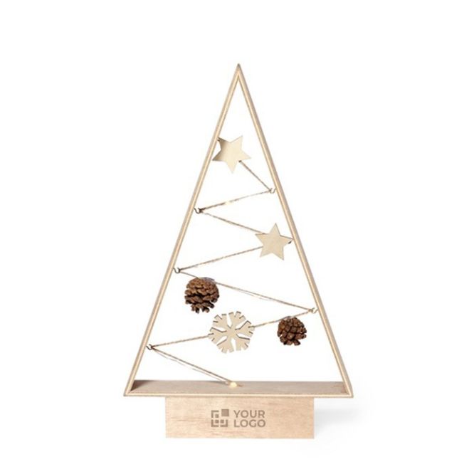 Albero di Natale da tavolo in legno naturale con luci a LED vista area di stampa