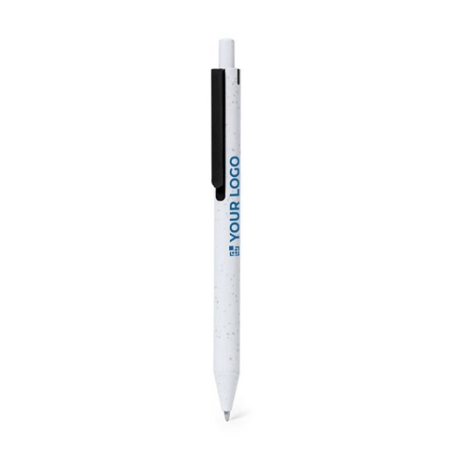 Penna in ABS riciclato e clip colorata con inchiostro blu vista area di stampa