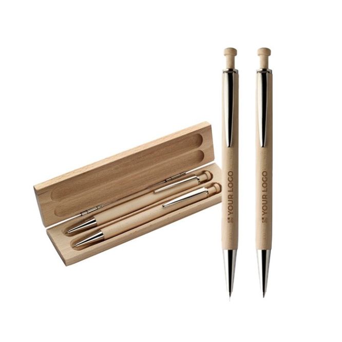 Penna a inchiostro blu e portamine con astuccio in legno