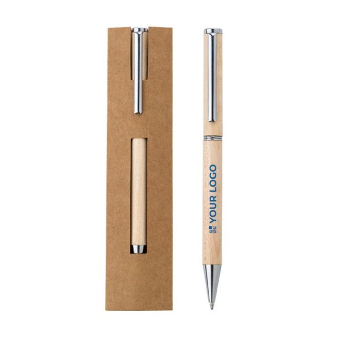 Penna in legno di acero con clip in metallo inchiostro blu