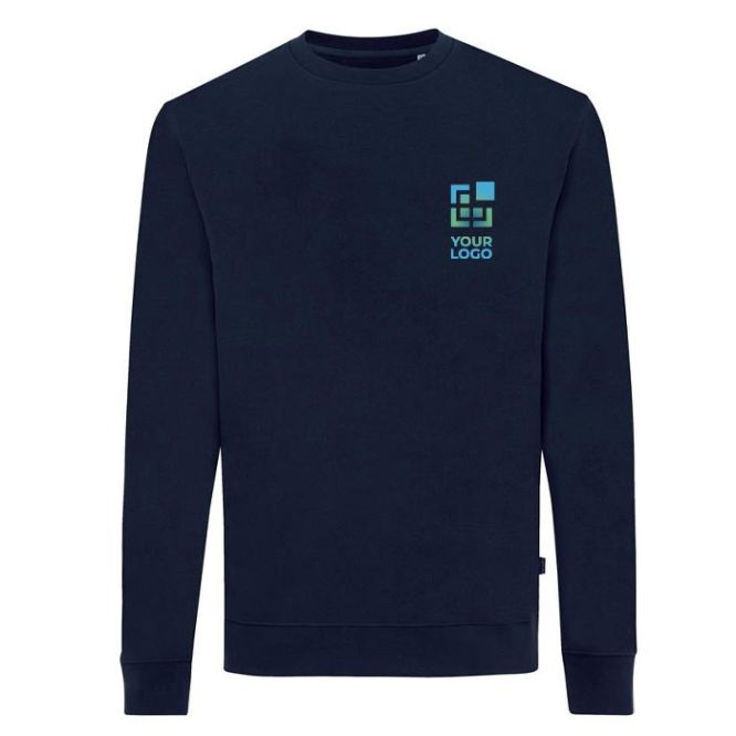 Felpa girocollo in eco cotone 340 g/m² Iqoniq Zion color blu mare vista area di stampa