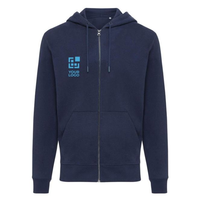 Felpa con zip in eco cotone 340 g/m² Iqoniq Abisco color blu mare vista area di stampa