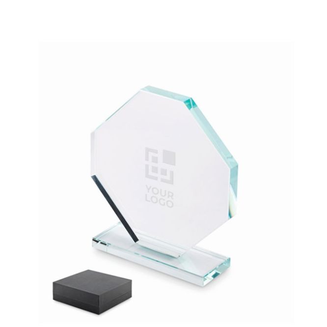 Trofeo in vetro a forma di ottagono con base rettangolare coordinata