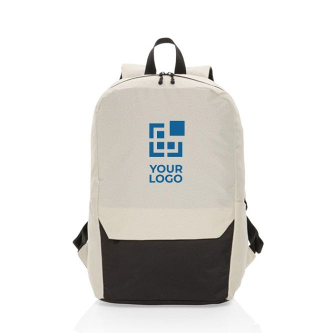 Zaino da viaggio bicolore in rPET con tasca per pc da 15,6” color bianco sporco vista area di stampa