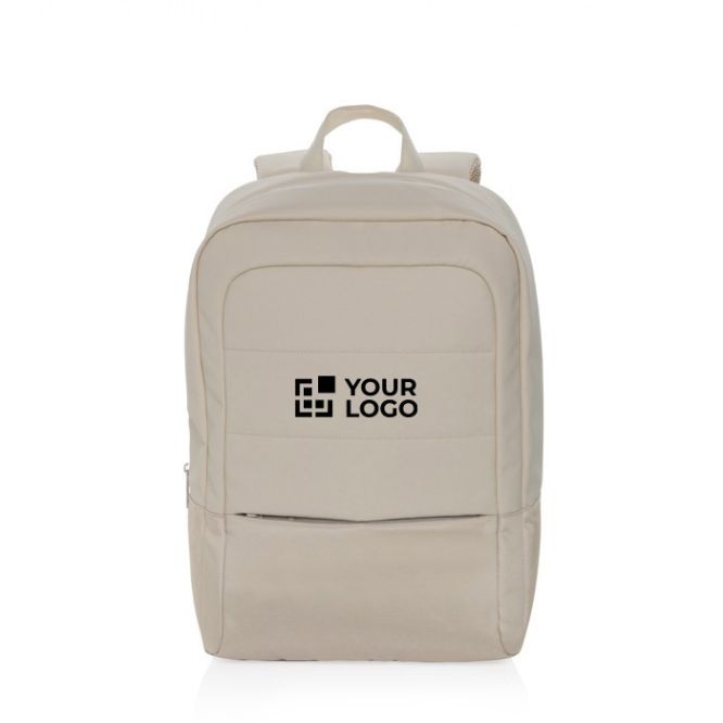 Zaino in rPET con varie tasche ed una imbottita per pc da 15,6” color beige vista area di stampa