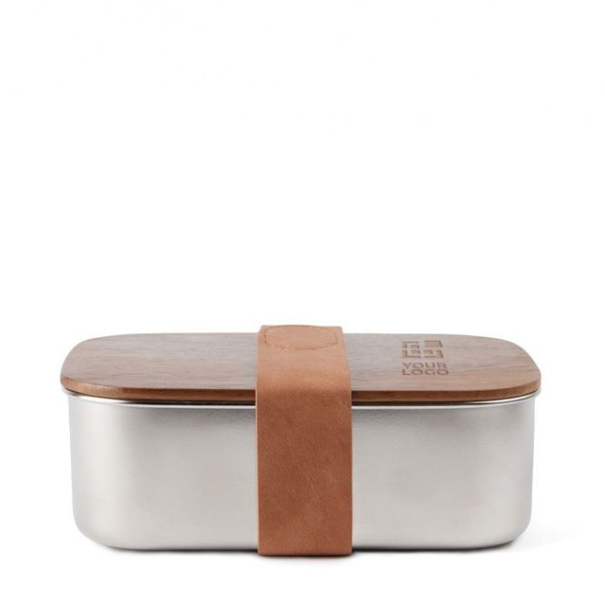 Lunch box in acciaio inox riciclato con coperchio in legno e cinturino