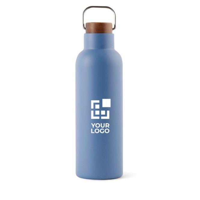 Borraccia in acciaio inox riciclato con manico e tappo in legno 800ml color blu vista area di stampa
