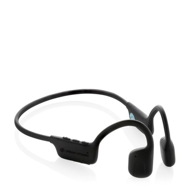 Cuffie che si appoggiano con microfono integrato ideali per fare sport color nero vista area di stampa