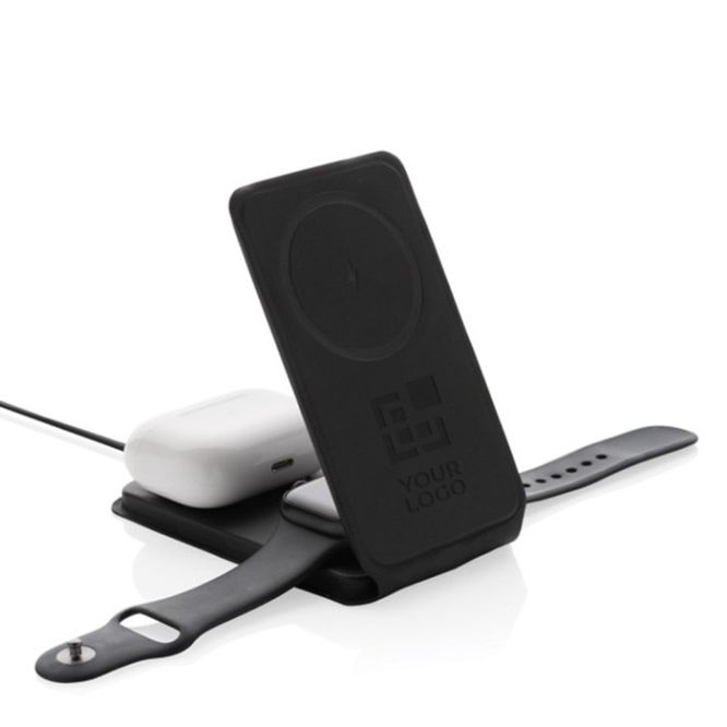Caricabatterie wireless 3 in 1 pieghevole con supporto per cellulare color nero vista area di stampa