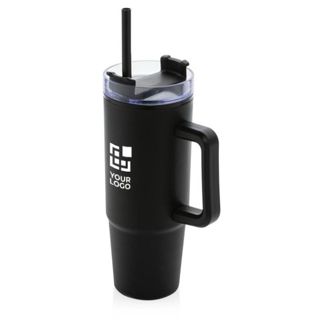 Tazza da viaggio in PP riciclato con tappo girevole  3 posizioni 900ml color nero vista area di stampa