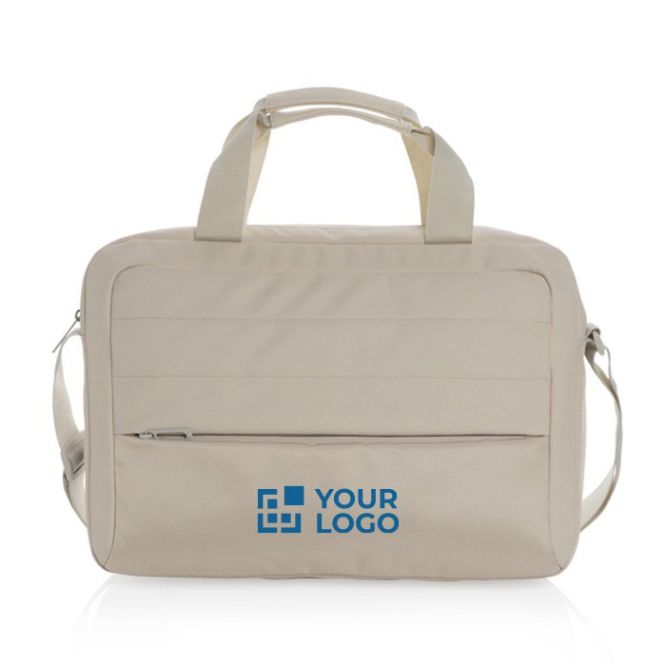 Borsa porta pc da 15,6” con tracolla in rPET con varie tasche color beige vista area di stampa