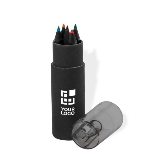 Set di 6 matite colorate in legno nero in astuccio con temperamatite