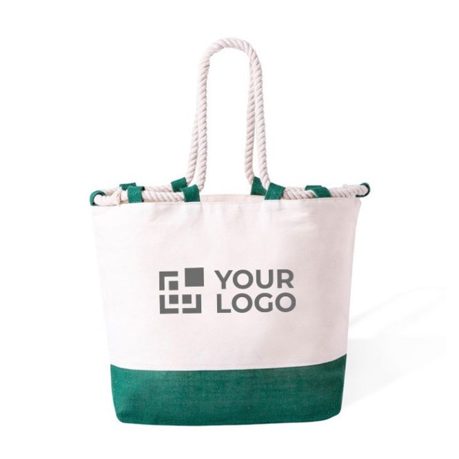 Borsa in cotone con dettagli in iuta e manici lunghi in corda 280g/m²