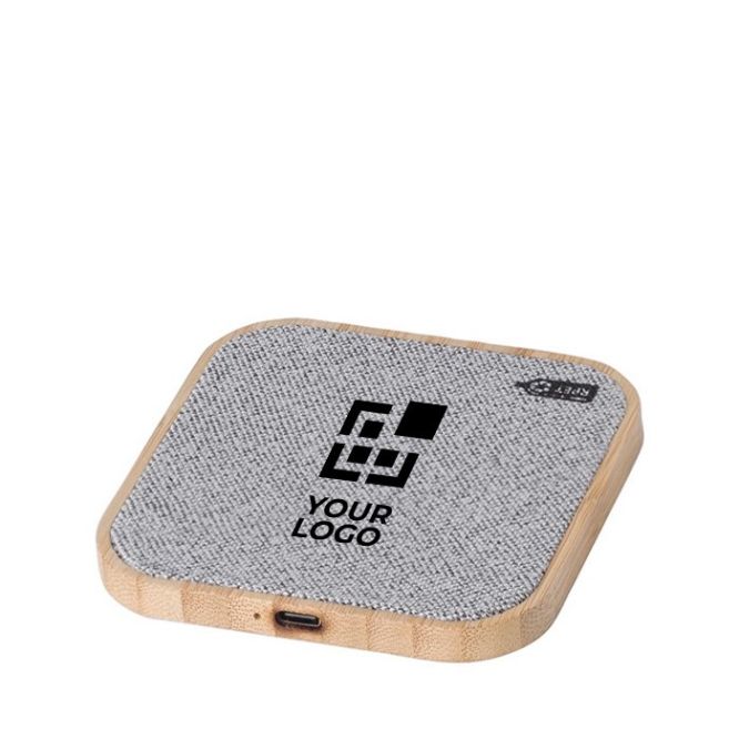 Caricatore wireless quadrato in bambù con dettagli in RPET da 15W