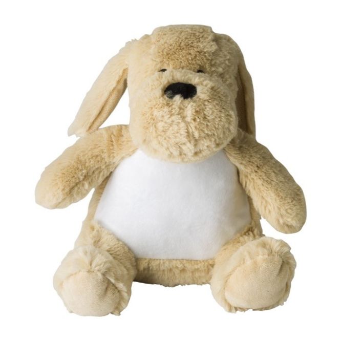 Cagnolino di peluche con occhi ricamati e etichetta personalizzabile color beige prima vista