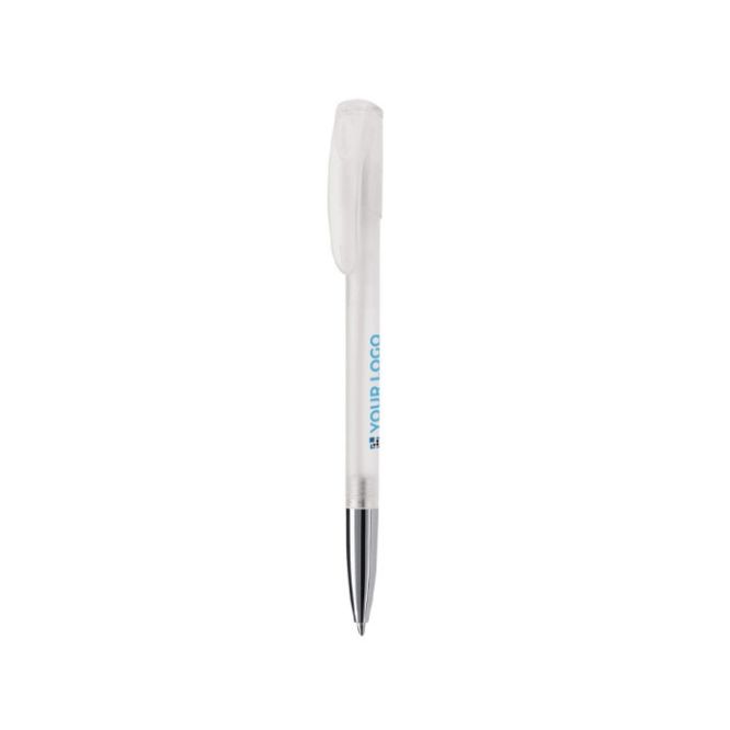 Penna di plastica trasparente con punta in metallo e inchiostro blu color bianco
