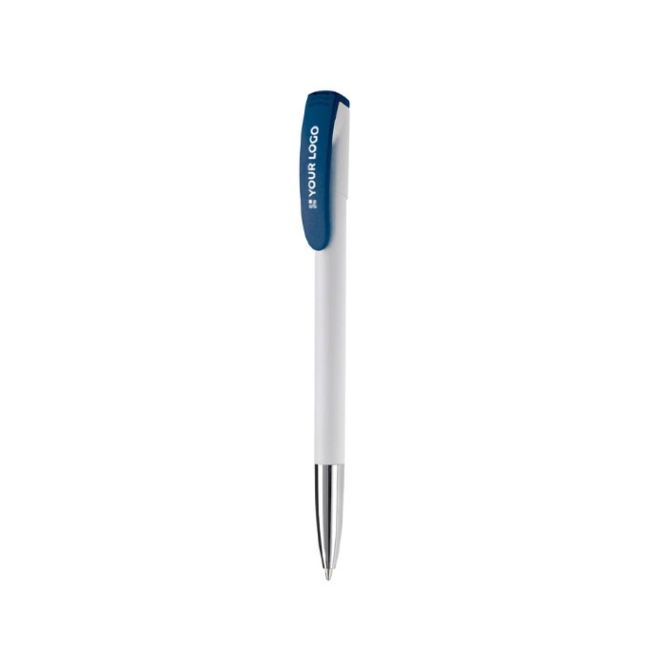 Penna in plastica bianca con clip ricurva colorata e inchiostro blu color azzurro