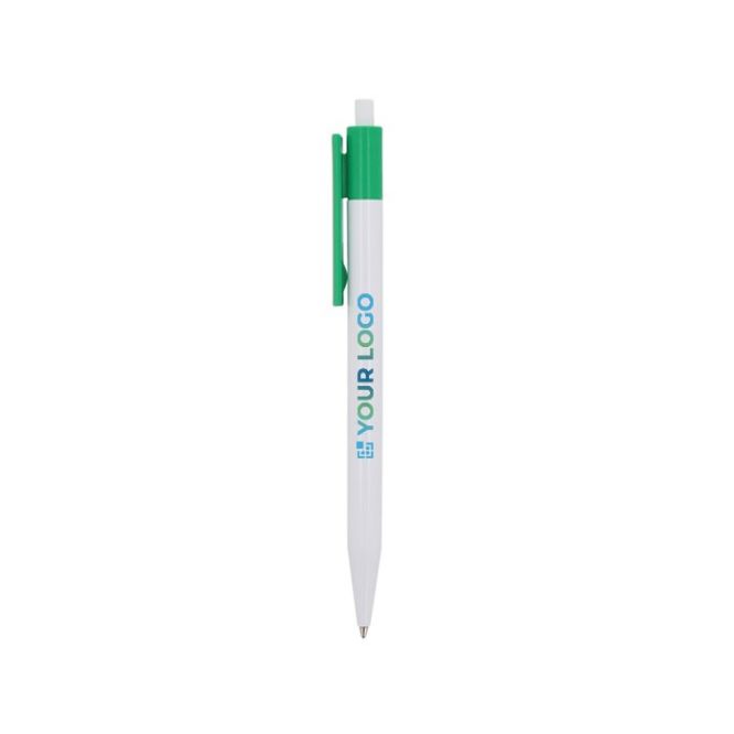 Penna a scatto in plastica bianca con clip colorata e inchiostro blu