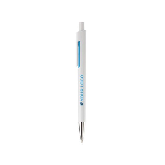 Penna in plastica bianca con colore sotto la clip e inchiostro blu