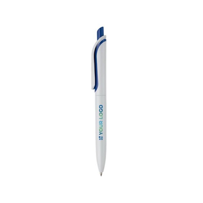 Penna in plastica bianca con pulsante in colori vivaci fatta in EU color blu scuro terza vista