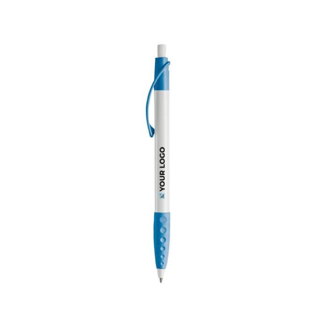 Penna bianca con clip e impugnatura in gomma colorati e inchiostro blu