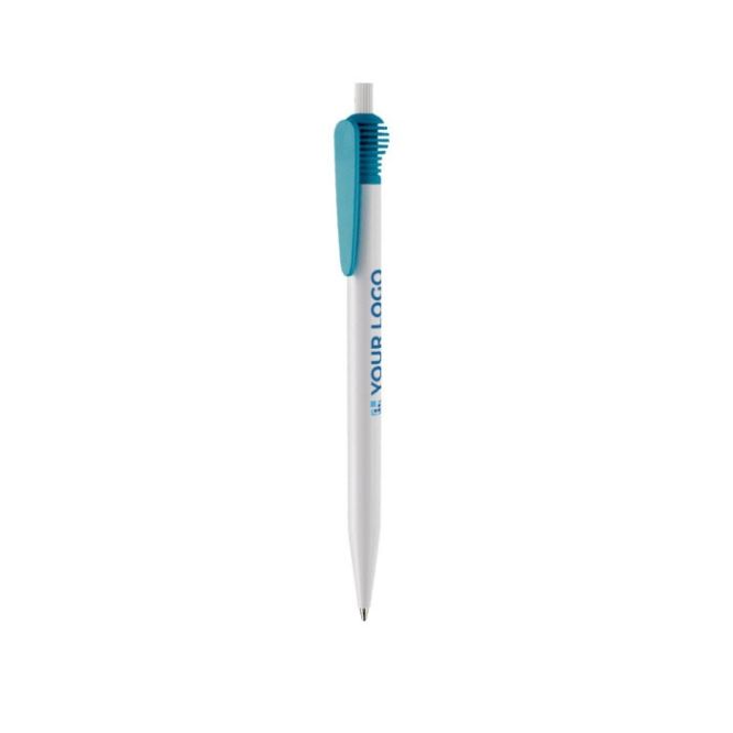 Penna bianca in plastica con originale clip colorata e inchiostro blu
